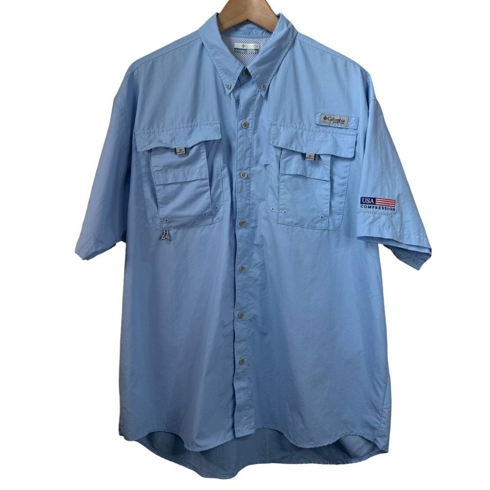 Columbia PFG Bahama II Fishing Shirt Mens Large Vented Sail Blue USA Flag Logo